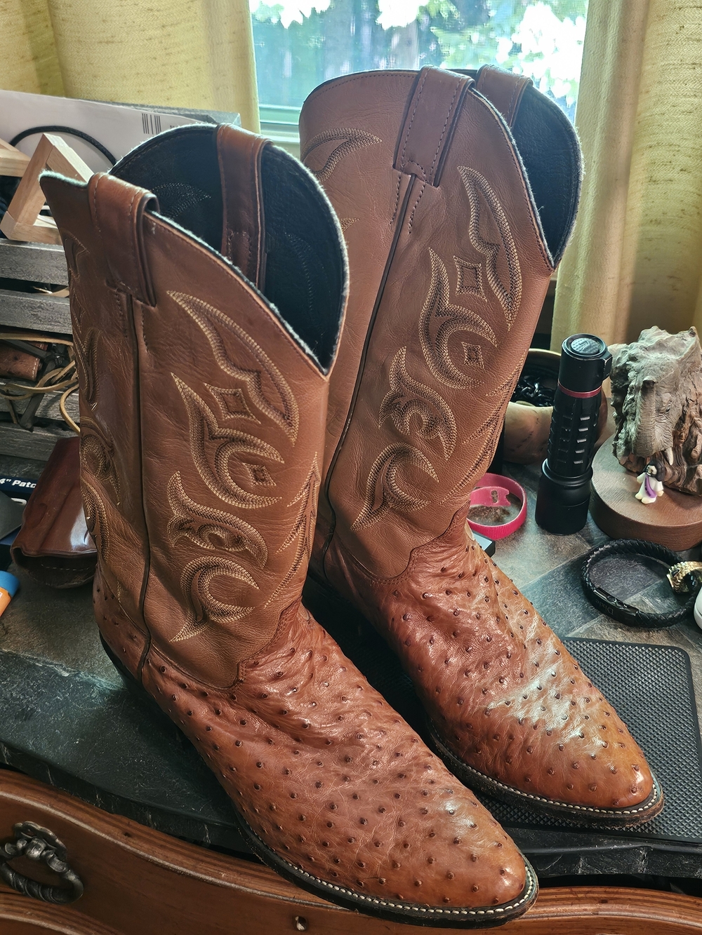 Men's Justin Boots Brown Full Quill Ostrich Western Cowboy Boots